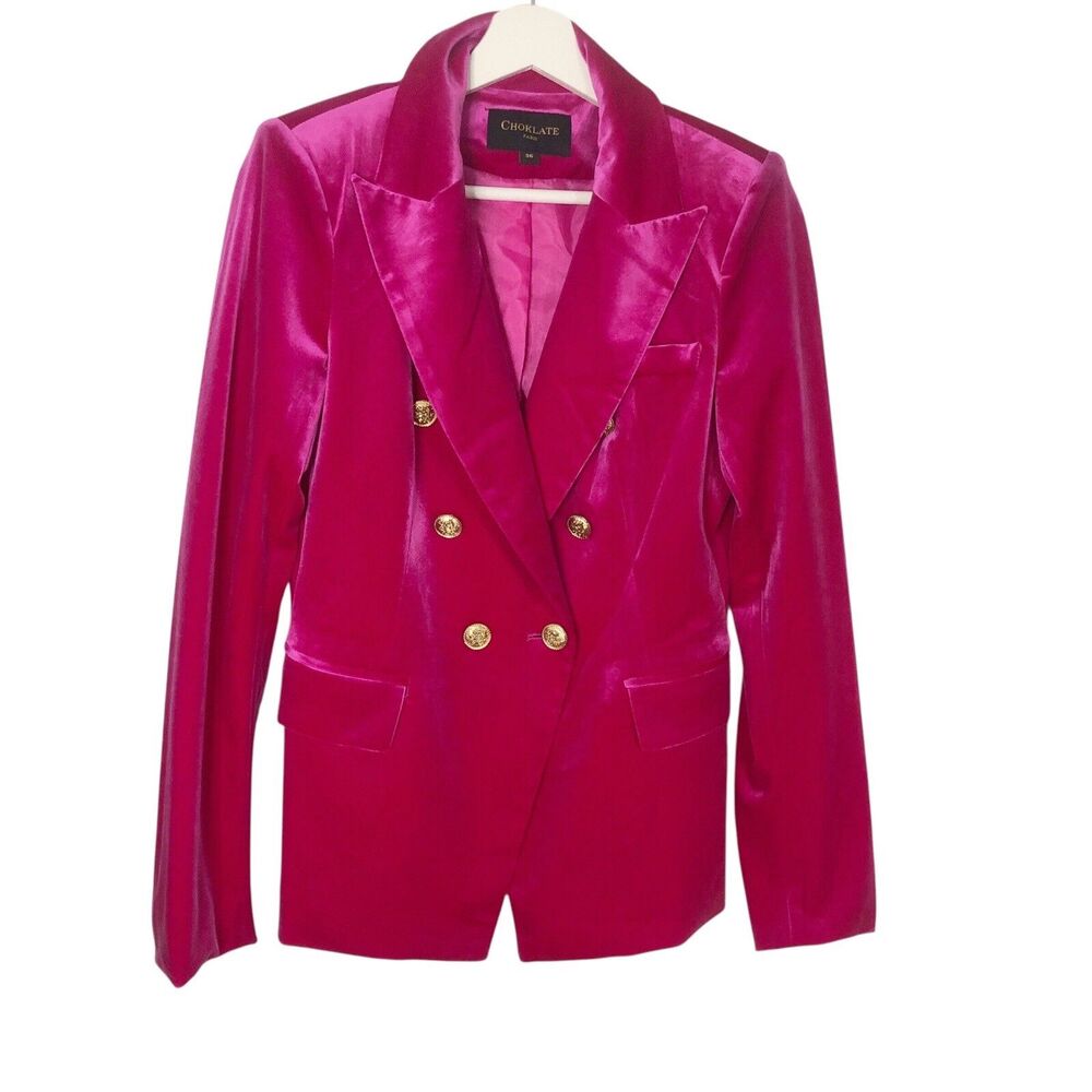 CHOKLATE Paris Pink Velvet Blazer Gold Buttons 36 Small Double Breasted - Picture 12 of 12